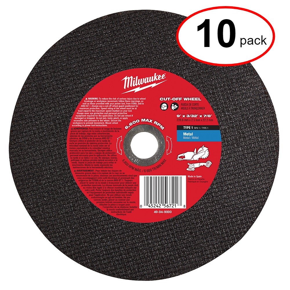 Milwaukee 49-94-9000 9" X 3/32" X 7/8" METAL CUT-OFF WHEEL  - (10Pack)