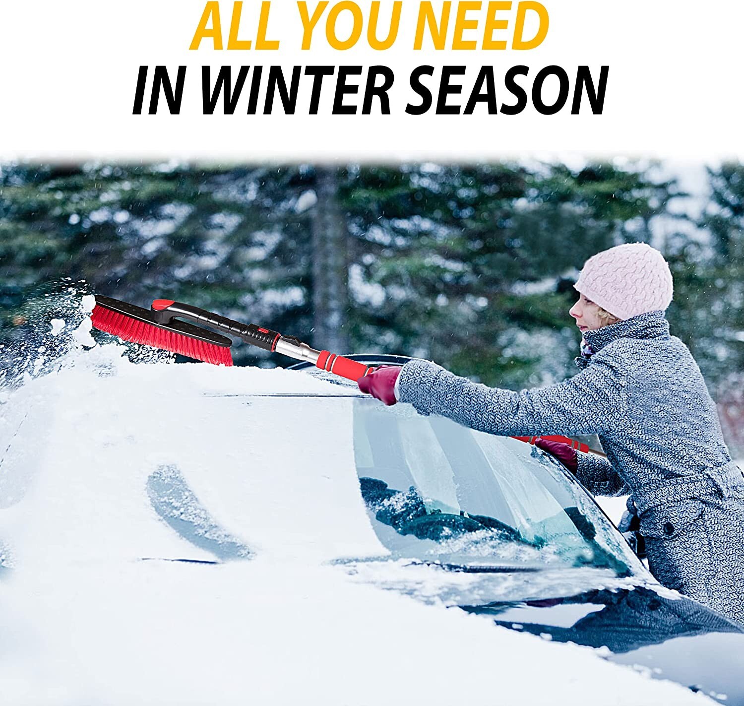 62" Portable Extendable Snow Brush and Ice Scraper 360° Pivoting Brush Head