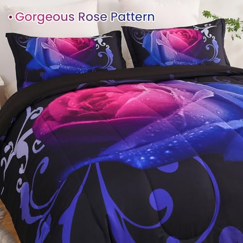 Gradient Rose Comforter Set King Reversible Pink & Blue Rose Pattern Printed