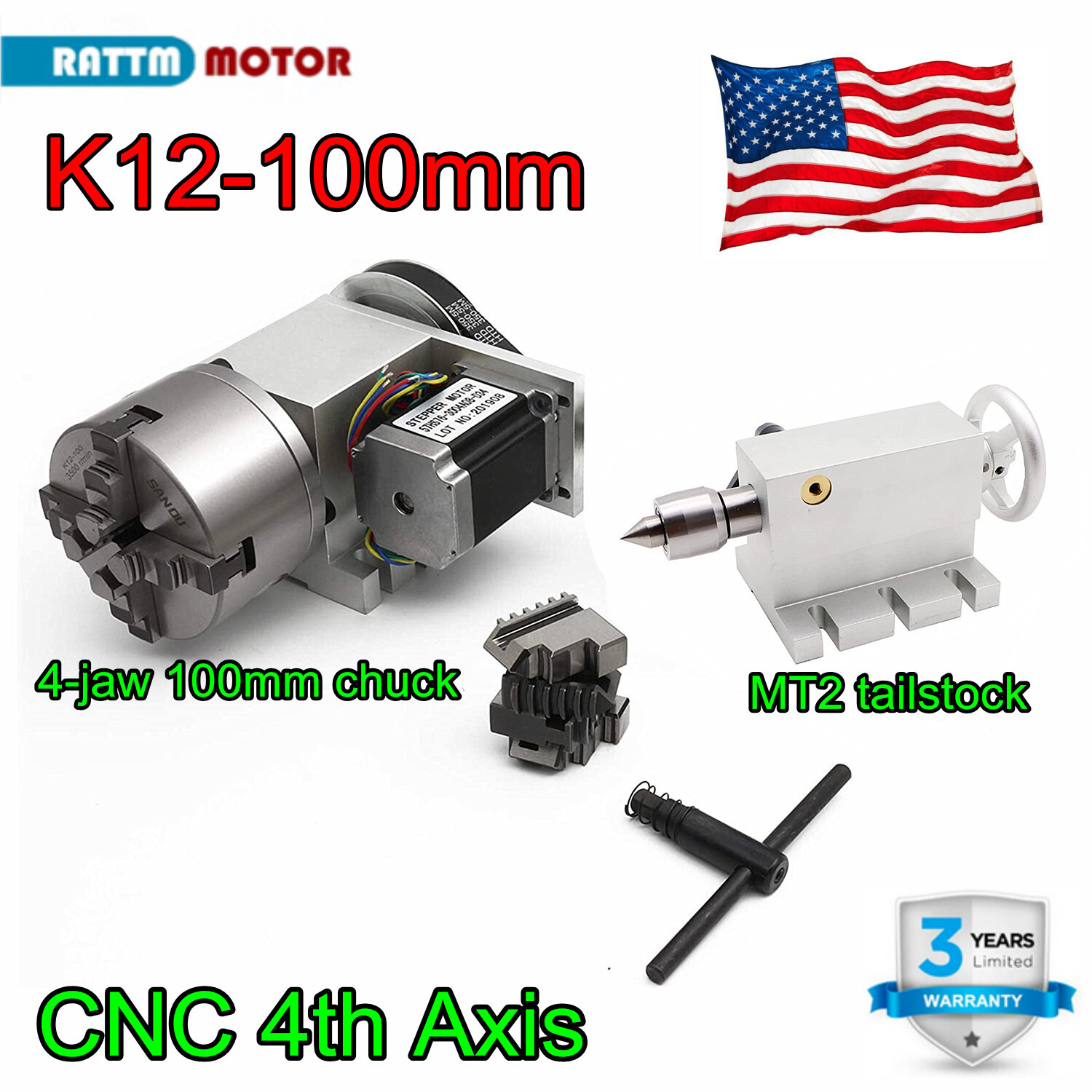 K12-100mm CNC A 4th Axis 4 Jaw Chuck Rotation A-axis (Ratio 6:1) + Tailstock「US」