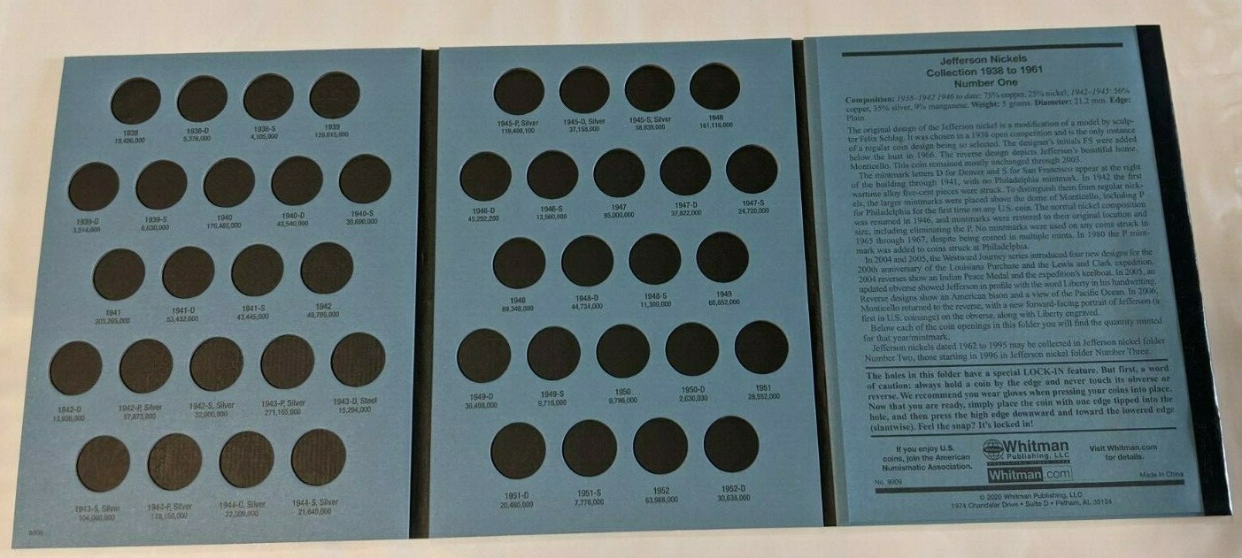Jefferson Nickels Album Coin Folder Whitman Vol #1 1938-1961 Silver War 9009 NEW