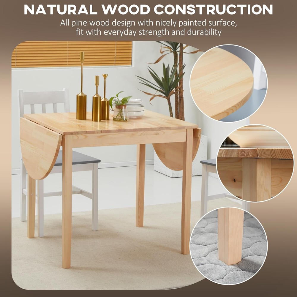 Solid Wood Folding Dining Table Drop Leaf Expandable Round Natural Small Spaces