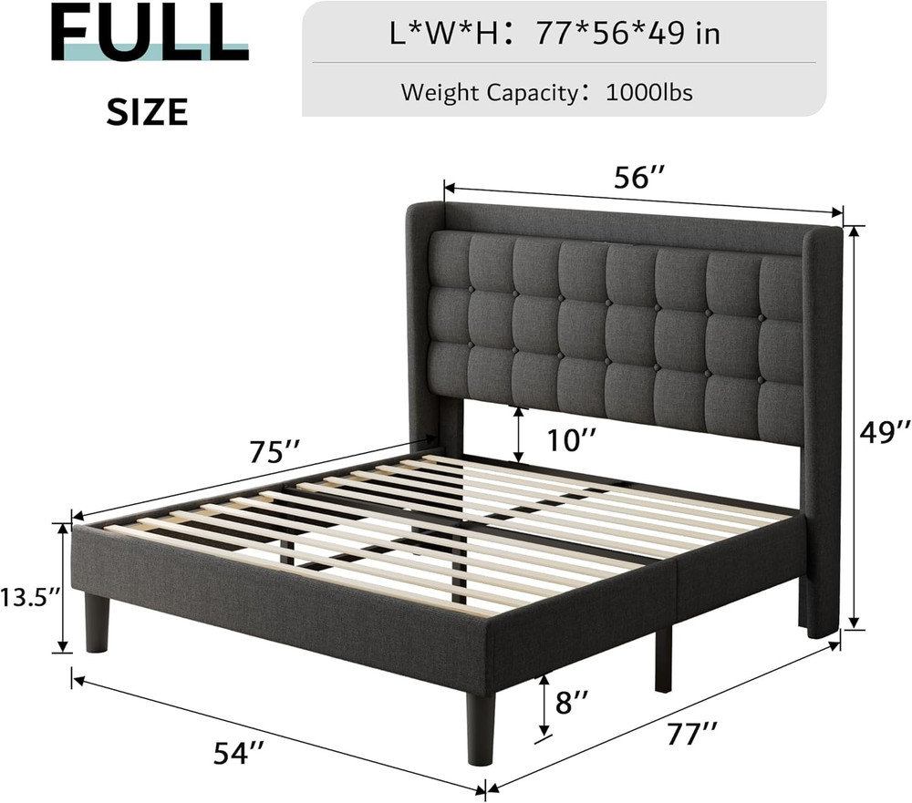 Ipormis Full Size Upholstered Platform Bed, Button Tufted Wingback Bed Frame wit