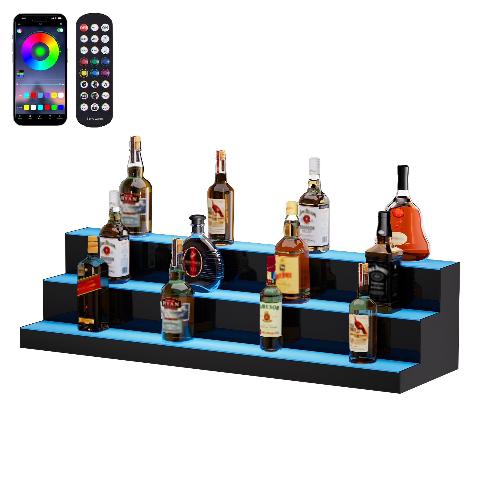 Uimoso LED Lighted Liquor Bottle Display Bar Shelf RF & App Control 40" 3-Step