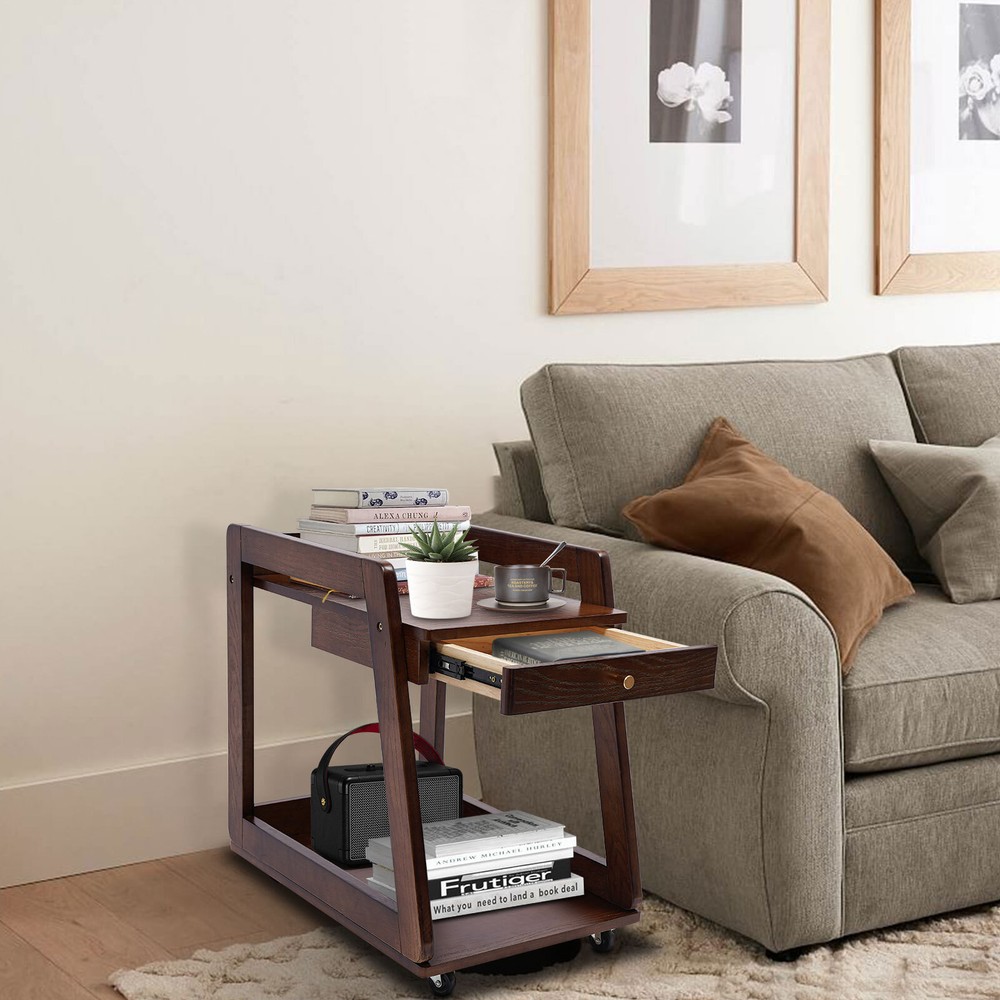 Walnut Retro Wood End Table, 2-tier Side Table, Storage Couch Table with Wheels