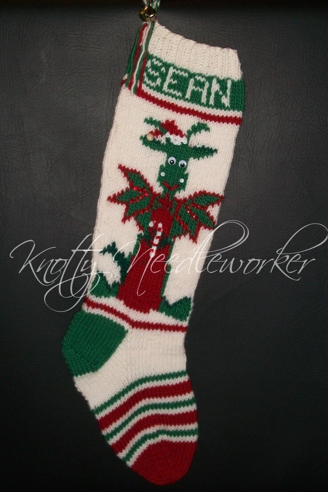 Pattern Only Hand Knitted CHRISTMAS HAPPY DRAGON Stocking