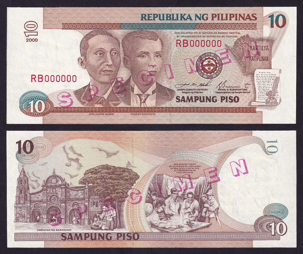 2000 NEW DESIGN 10 Pesos SPECIMEN RED SOLID NO. RB000000 Philippine Banknote