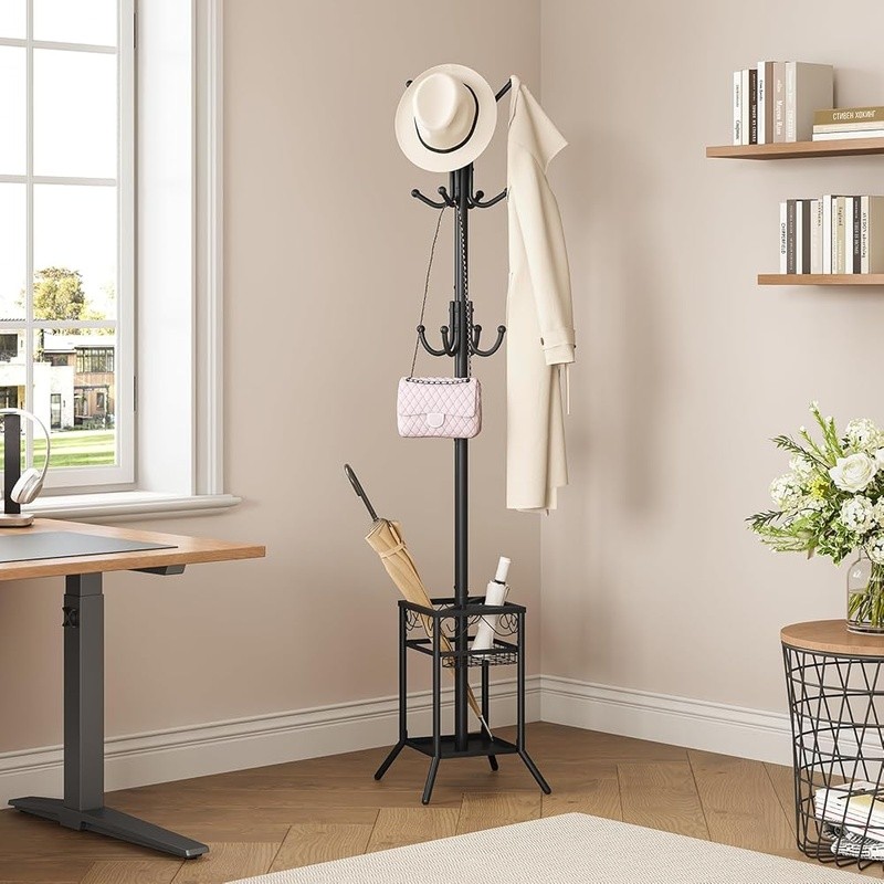 Freestanding Coat Rack & Umbrella Holder 12 Hooks Space Saving Easy Installation
