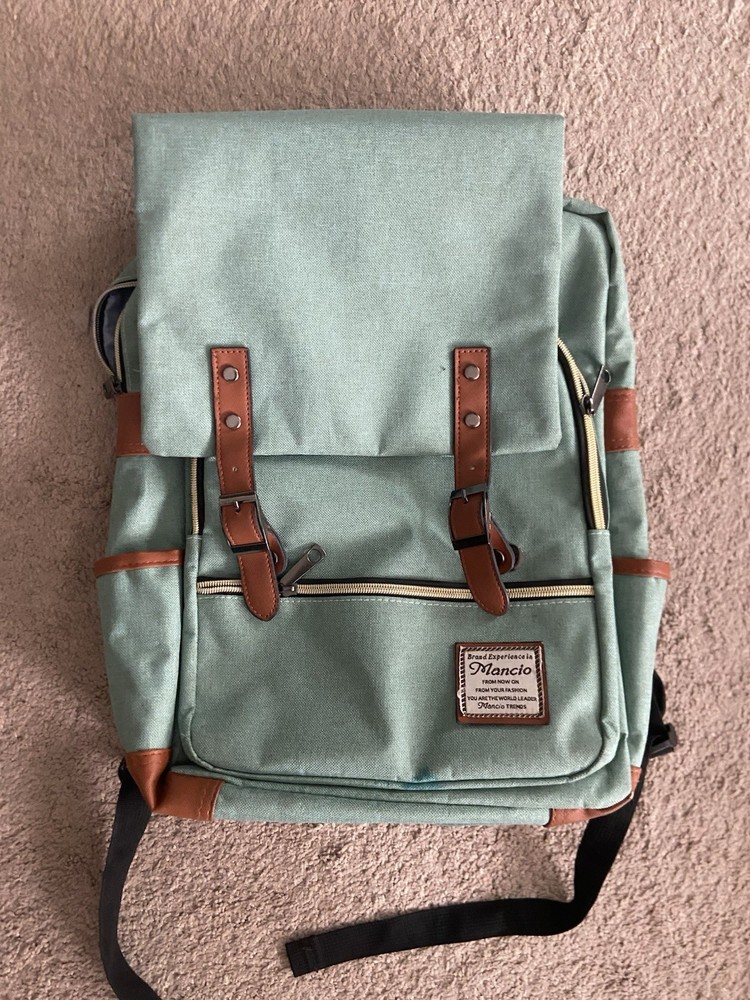 Hancio Backpack Green Canvas with Brown Trim, Buckle Closure