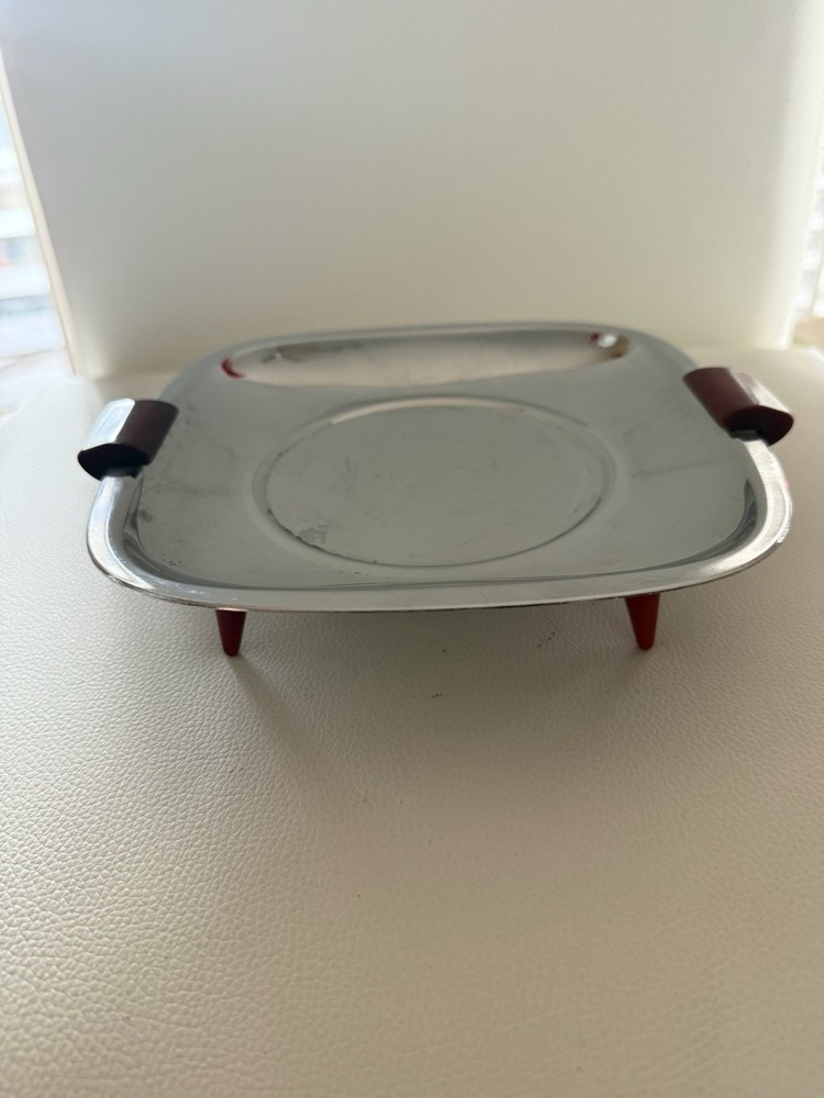 Red Bakelite Handled And Footed Chrome Dish