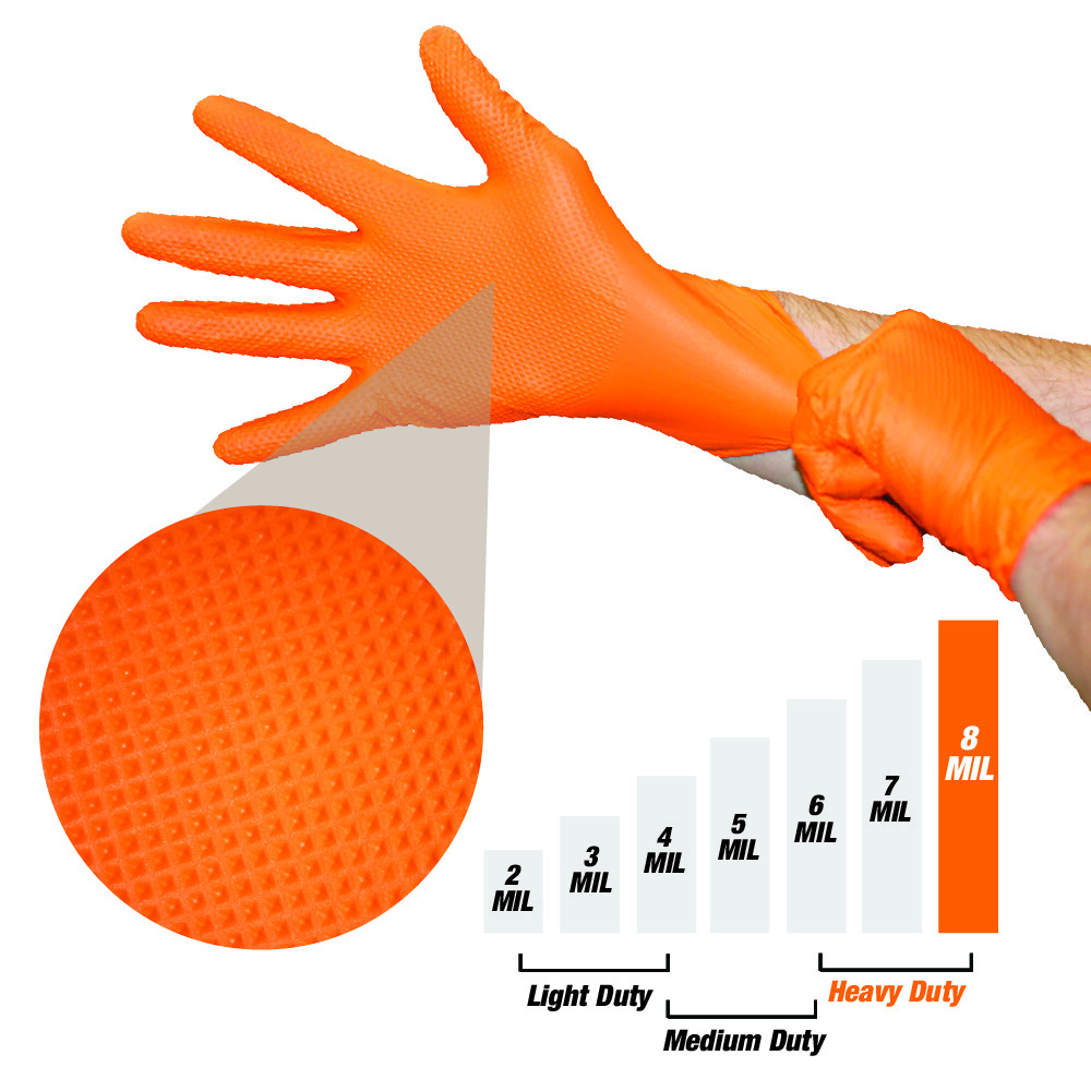 Heavy Duty Industrial Orange Nitrile Gloves with Raised Diamond Texture, 8-mil