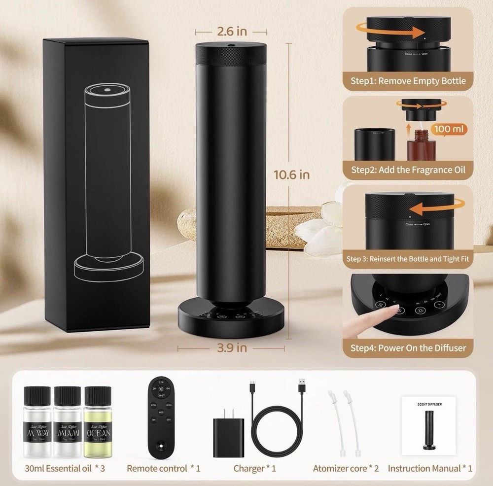 Dakomoda Waterless Diffuser with 90ML Essential Oils, Covers 1000 Sq Black