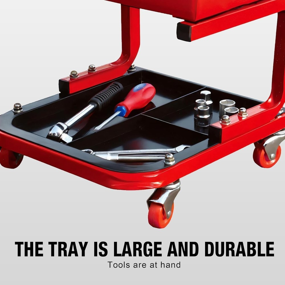 Red Rolling Creeper Seat - Heavy-Duty Mechanic Stool with Efficient Tool Storage