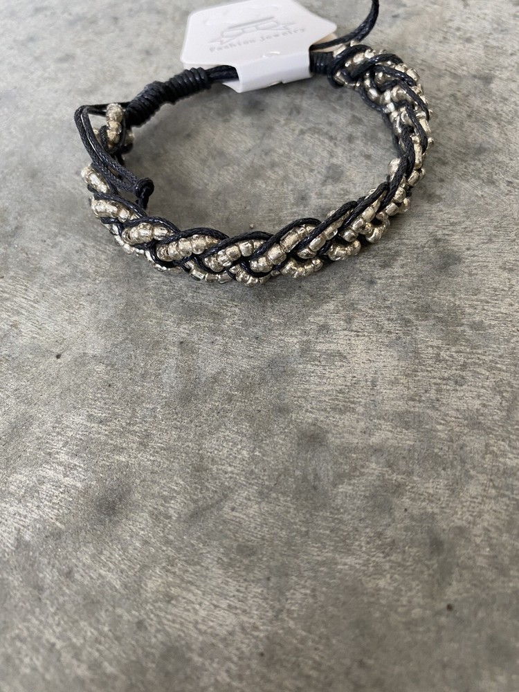 Artisan Black Silver Beaded Woven Braided Bracelet