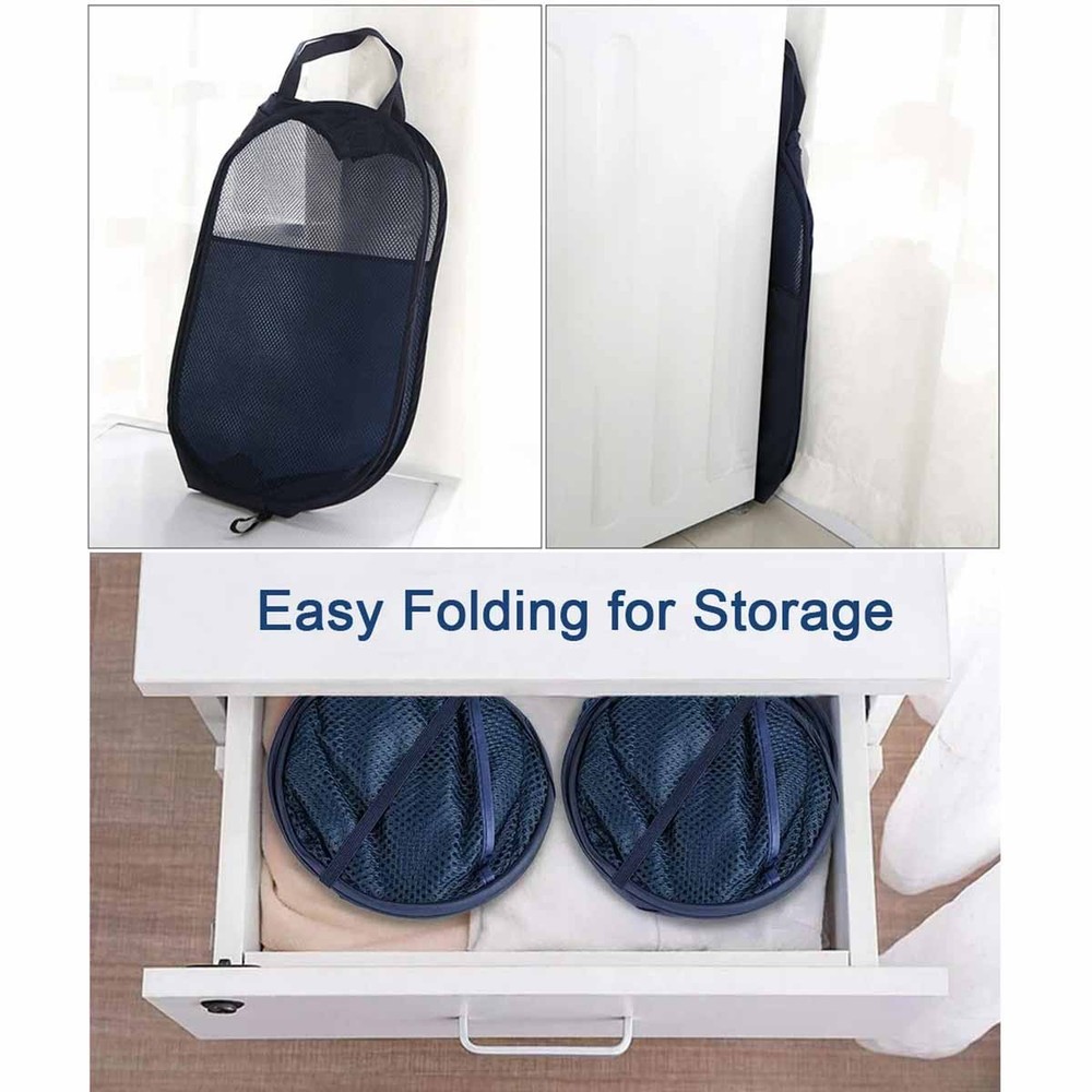 Foldable mesh laundry basket with sturdy handle - portable (navy blue, 2 packs)