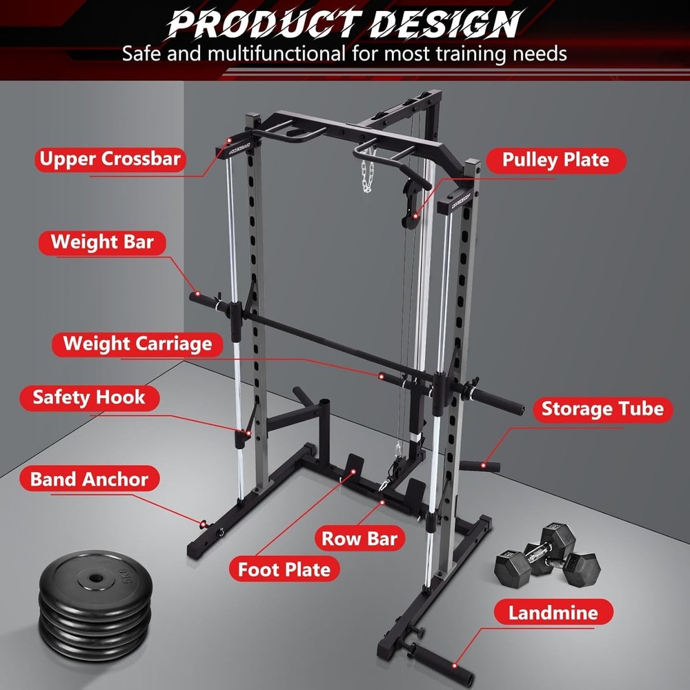 1400 Lbs Smith Machine Multi-Function Squat Rack with LAT-Pull Down Power Cage