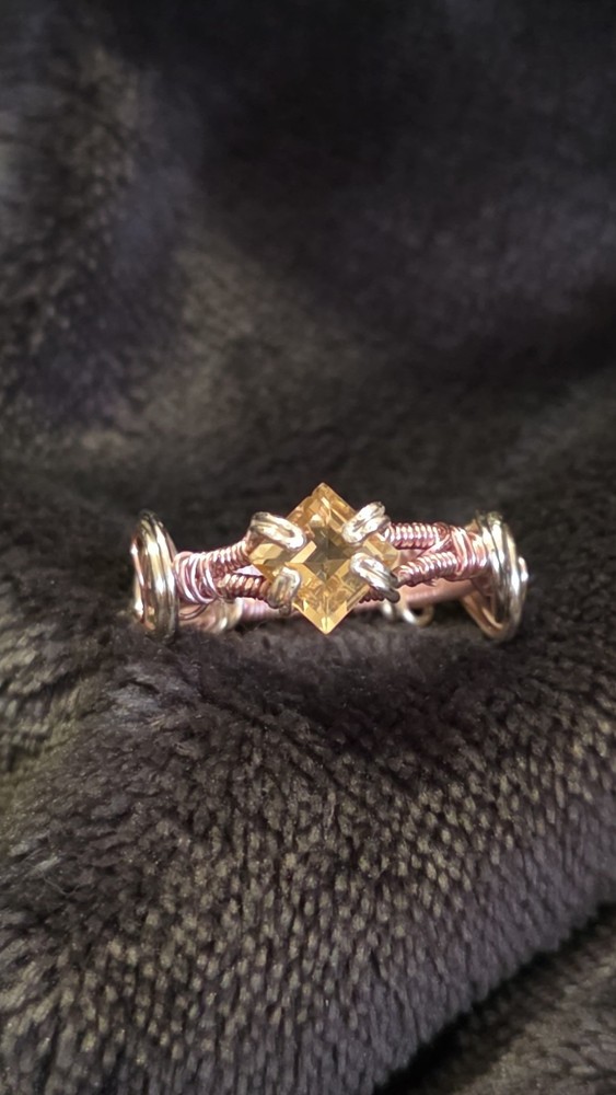 Handcrafted Wire Wrapped Silver Ring with Square Yellow Citrine Prong Setting
