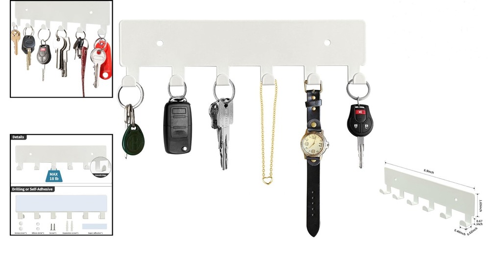 Wall Key Holder with 6 Hooks White Wall Mounted Key Rack Rust Resistant Pract...