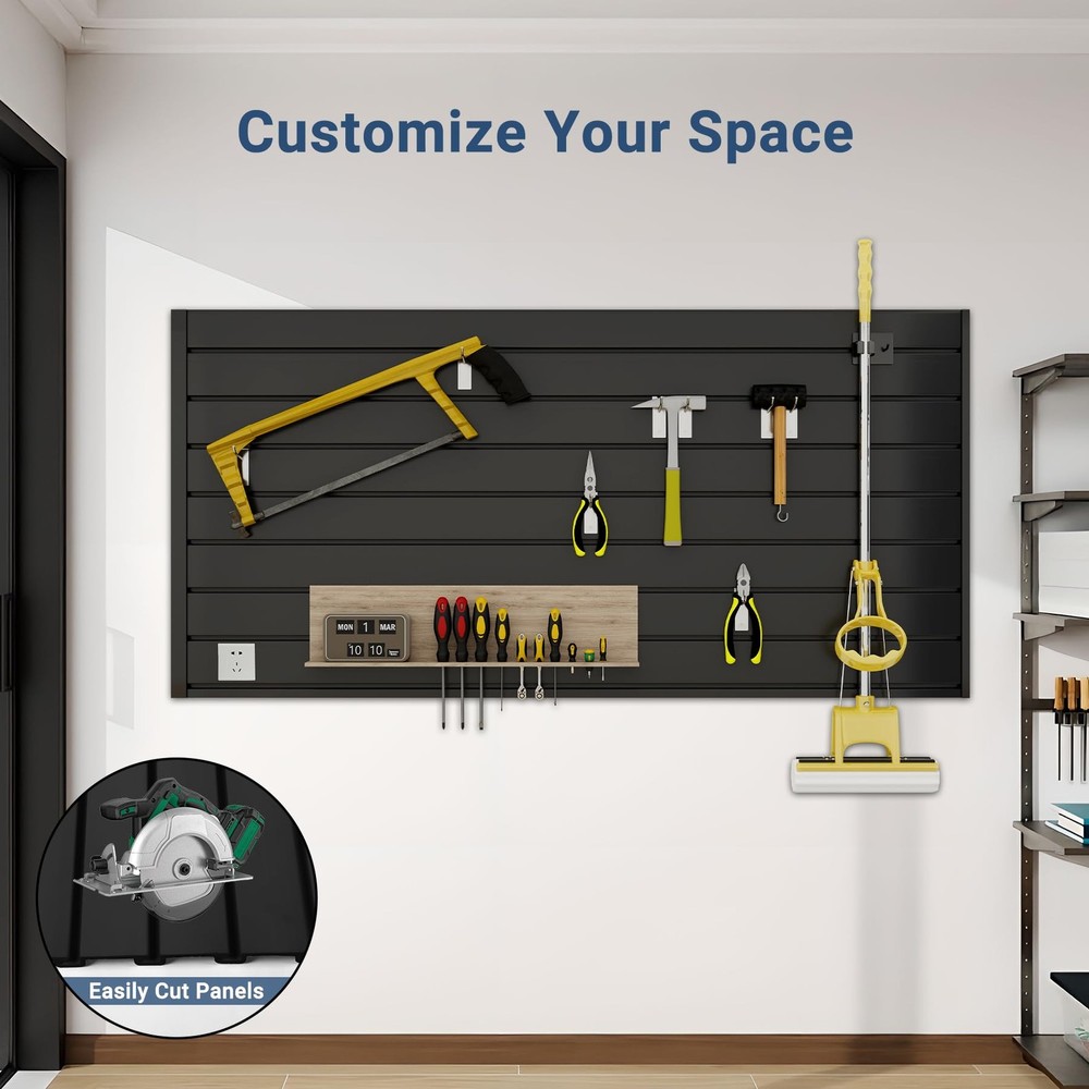 4FT x 2FT Black PVC Slatwall Panel, Modern Wall-Mounted Garage Storage System...