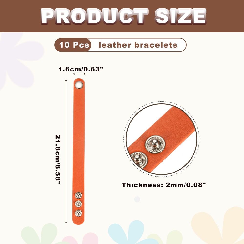 10 Pcs Plain Leather Bracelets Leather Snap Bracelets, Orange