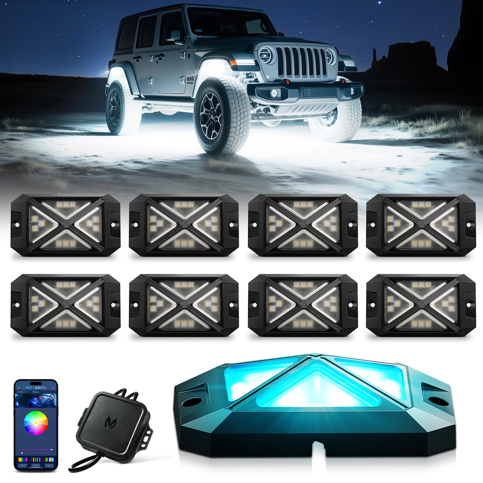 MICTUNING C4 RGBW LED Rock Lights -8 Pods 48W Underglow Neon Accent Lighting Kit