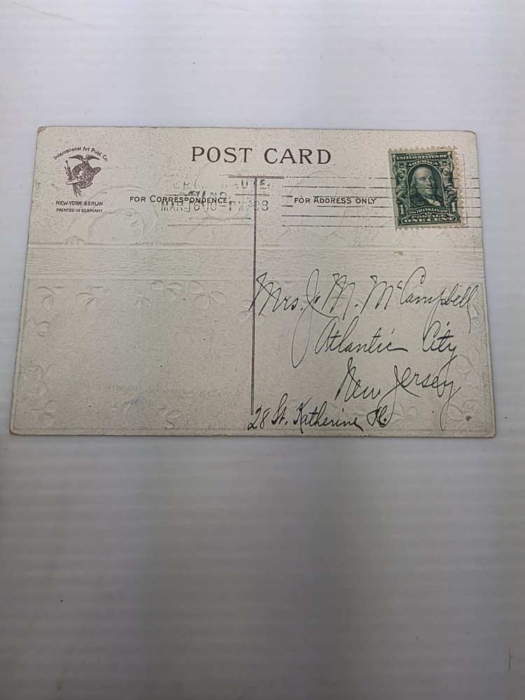 Rare 1908 Benjamin Franklin 1 Cent Stamp Left Flat Edge on Easter Postcard