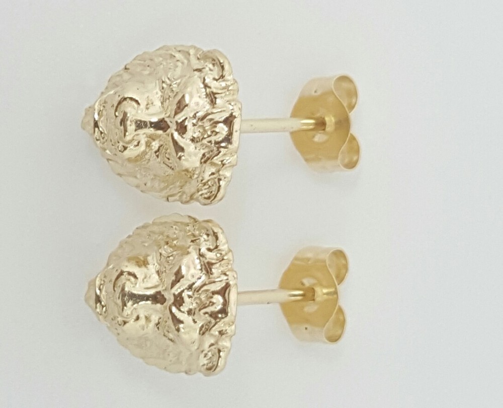 14k Solid Yellow Gold Lion Head Leo Stud Earrings Push Back