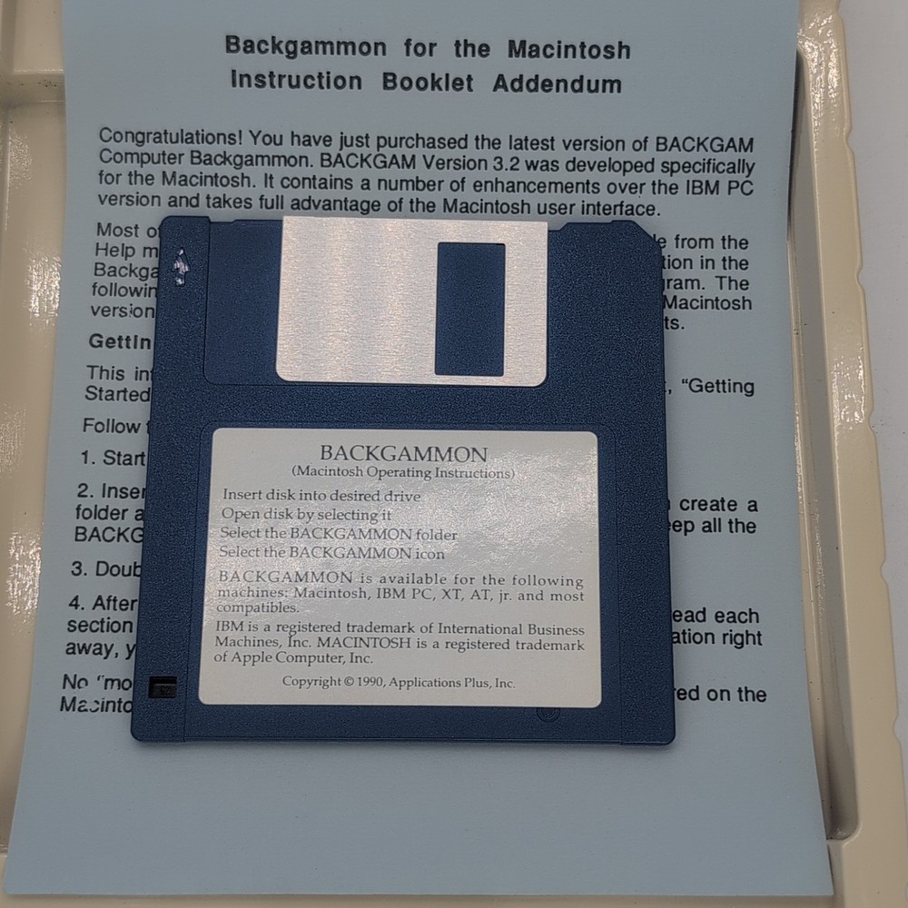Backgammon Mac 1989 Applications Plus 3.5 Floppy Manual Inserts Vintage