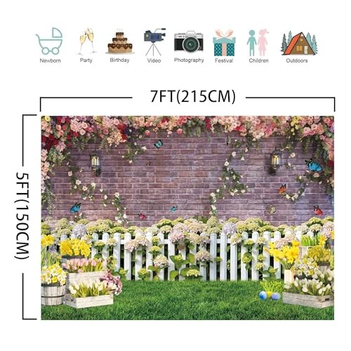 7x5ft Spring Backdrop for Photography Flower Fence Pink Brick Wall 7’x5‘