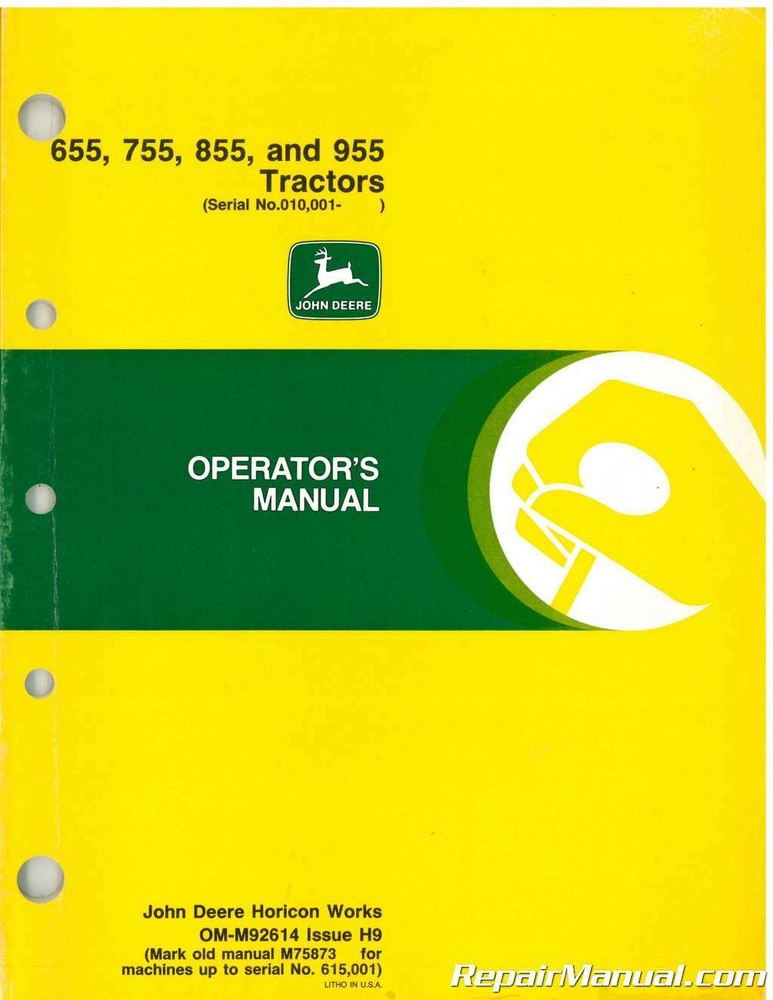 John Deere 655 755 855 955 Tractor Operators Manual