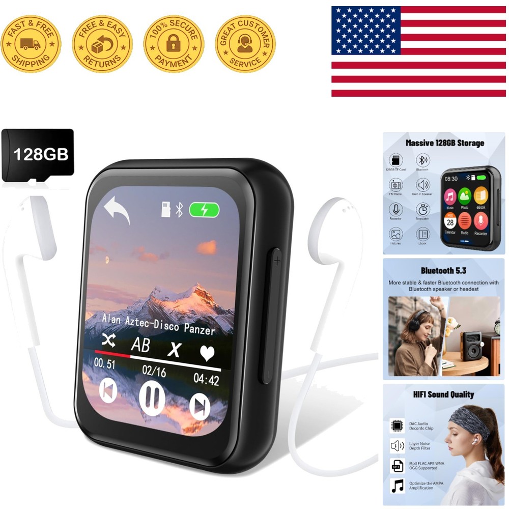 Portable 128GB MP3 Player with Touch Screen & Built-in Speaker - Bluetooth 5.3