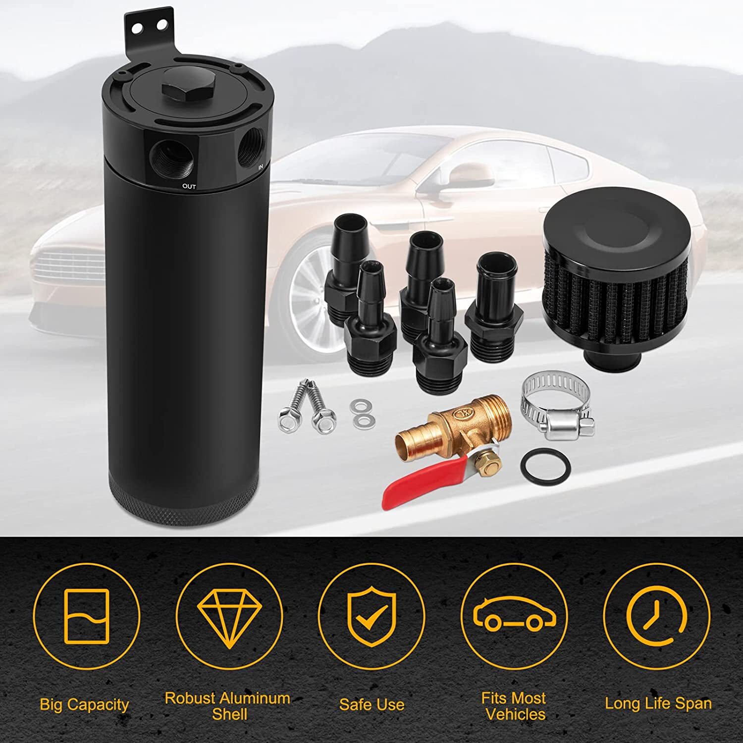 Universal Aluminum Oil Catch Can Kit Reservoir Baffled Tank with Breather Filter
