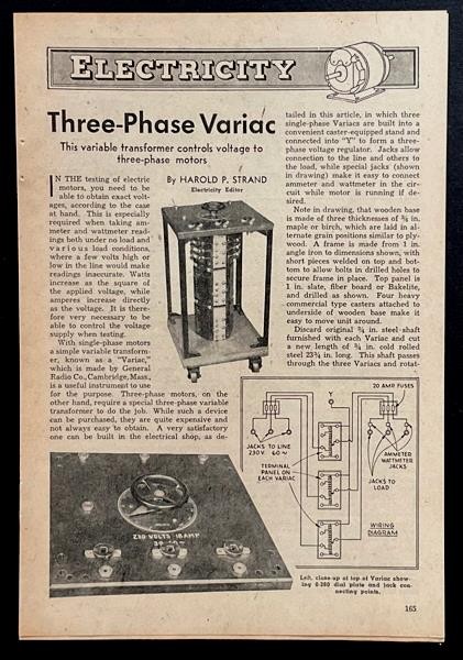3 Phase VARIAC Variable TRANSFORMER 1950 HowTo Build PLANS 0-260v