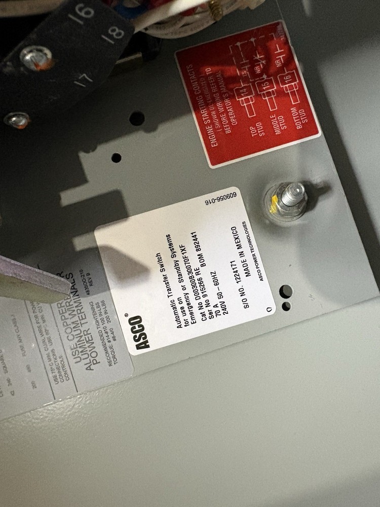 ASCO Automatic Transfer Switch 70A Model D00300B03007TXF MPN D00300B03007TXF