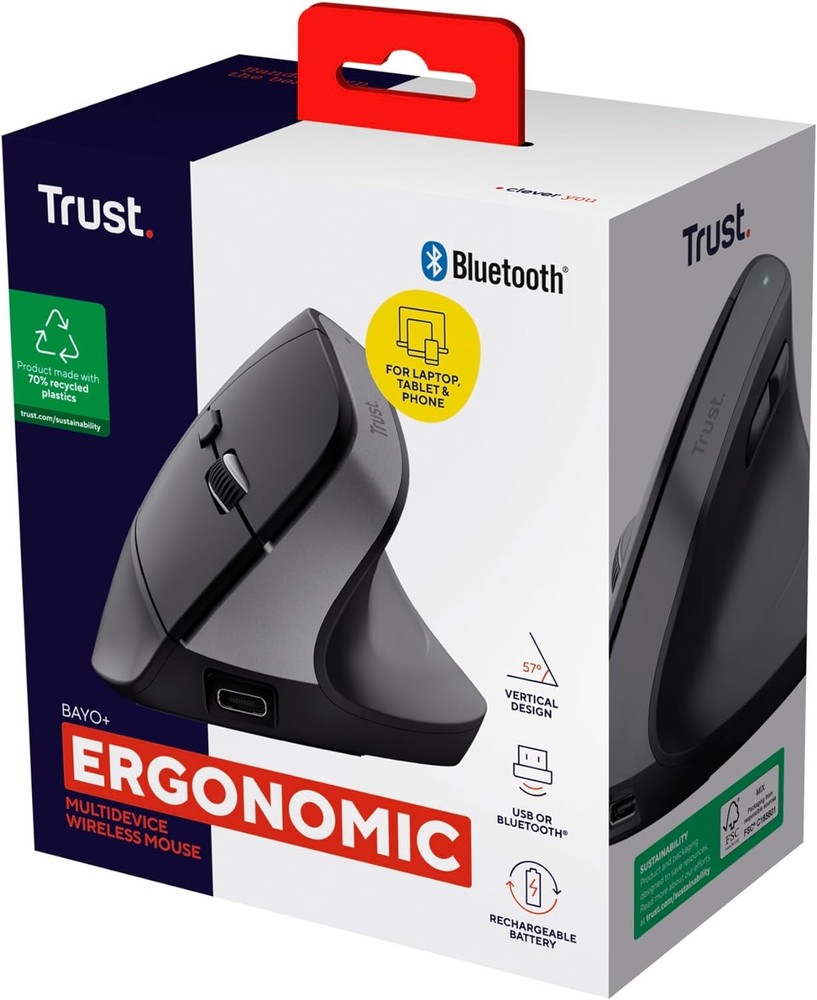 Trust Bayo+ Rechargeable Vertical Mouse Bluetooth + RF 2.4GHz, Ergonomic Mouse,