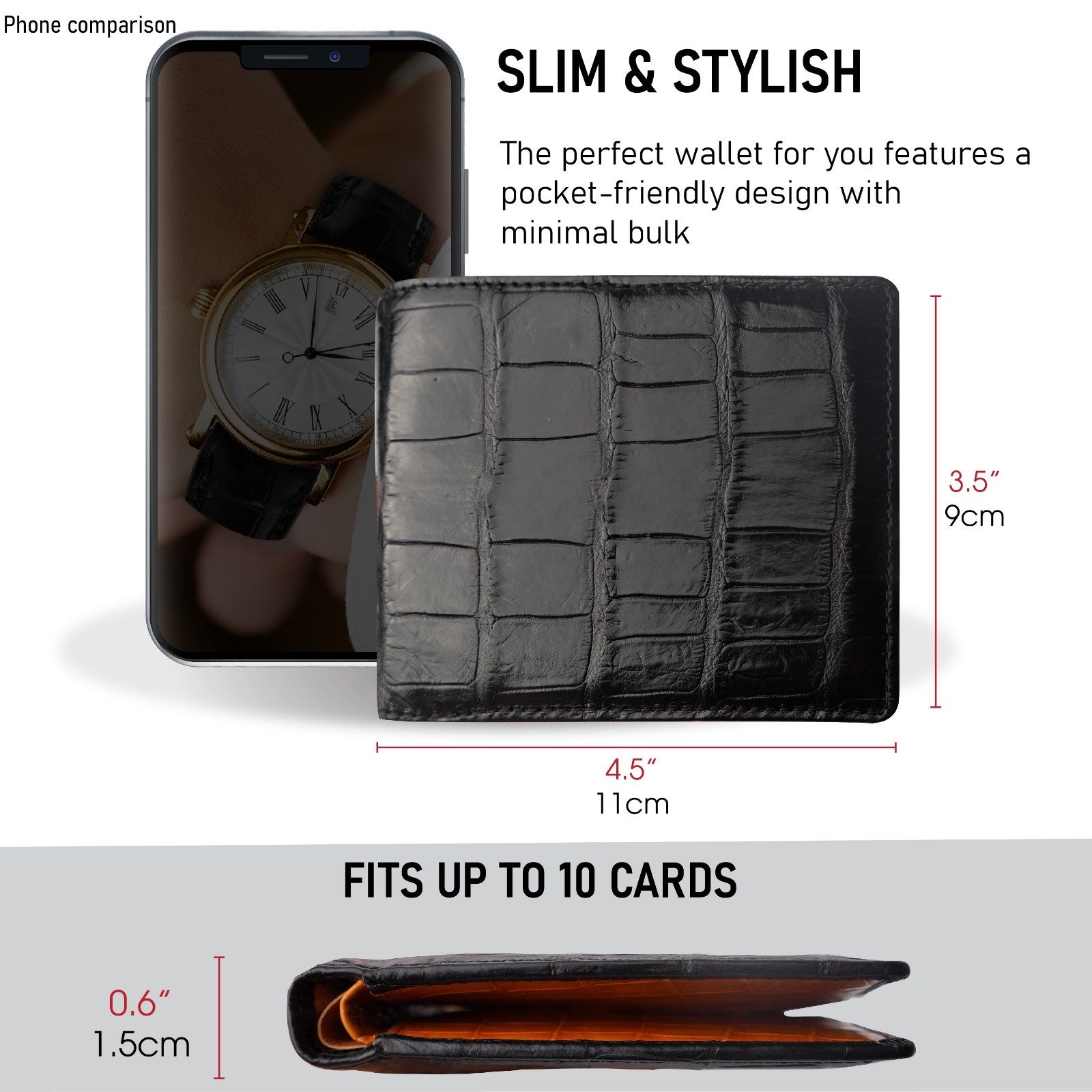 Black/Orange Leather Bifold Wallet Handmade RFID Blocking