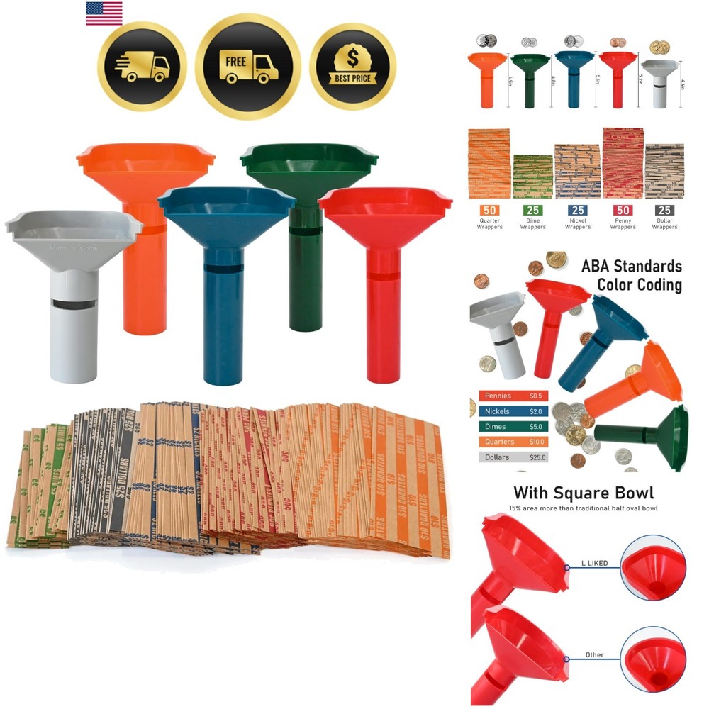 175 Assorted Flat Striped Coin Wrappers & 5 Coin Sorters Tubes, Color-Coded,E...