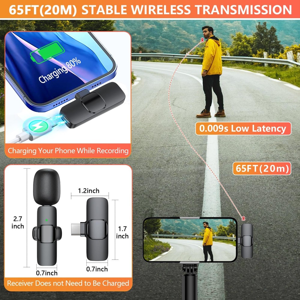 Wireless Microphone for iPhone, Android , Laptop, 2 Pack Lavalier Microphone ...