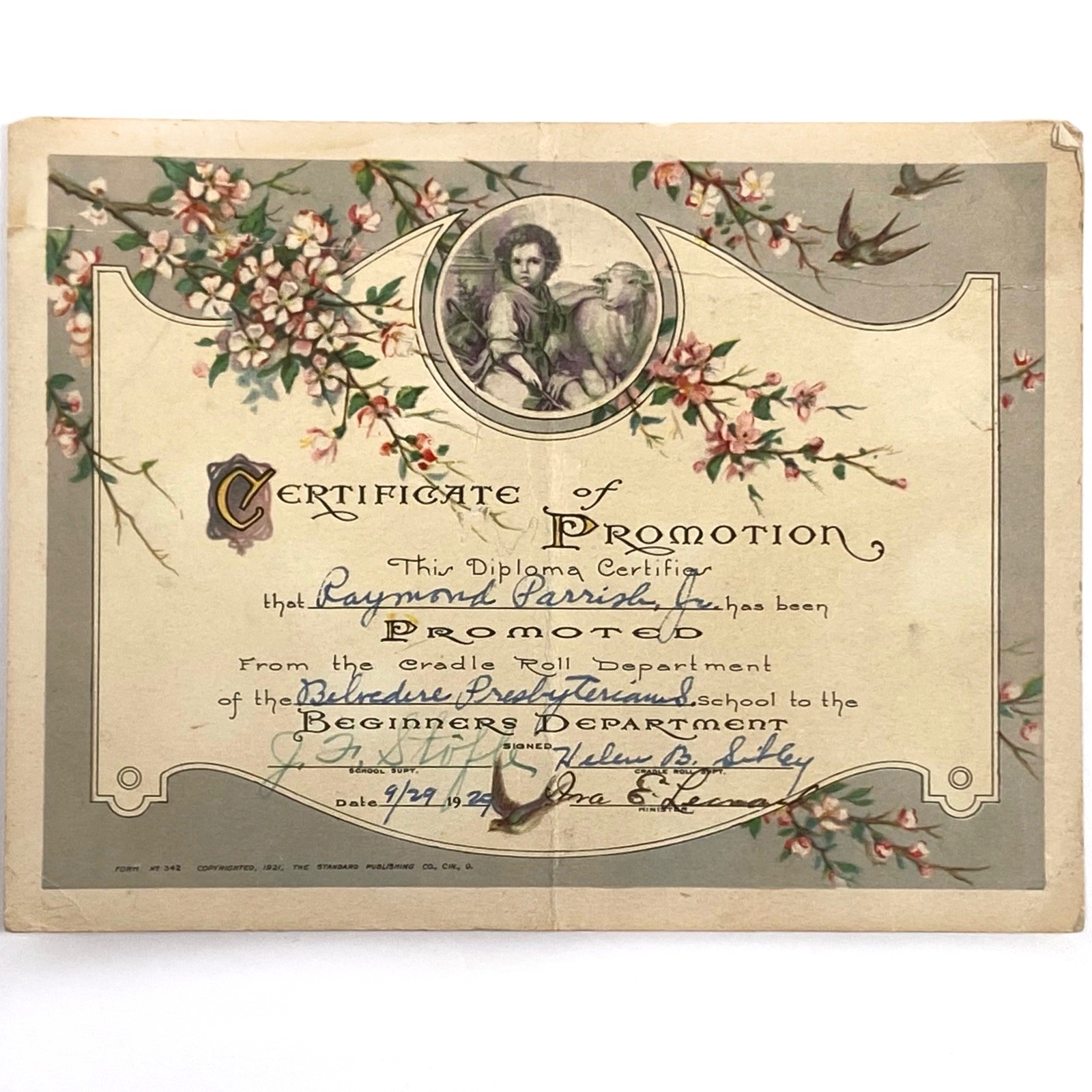 1929 Belvedere Presbyterian School, California Pre School Graduation Certificate