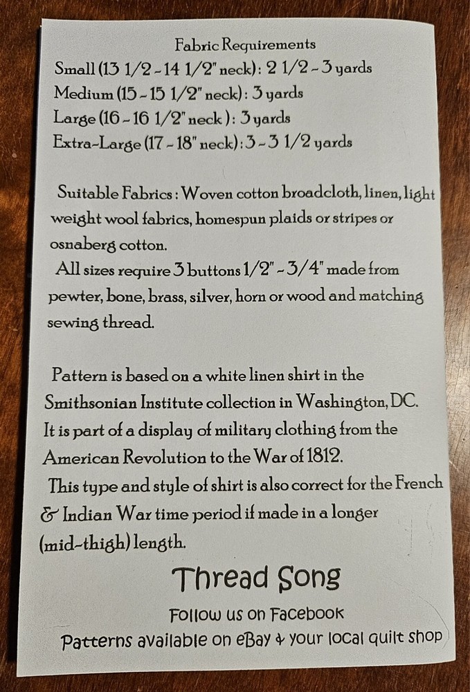 18th Century Man's Shirt Pattern Sizes Small - Extra Large (Sewing Pattern)