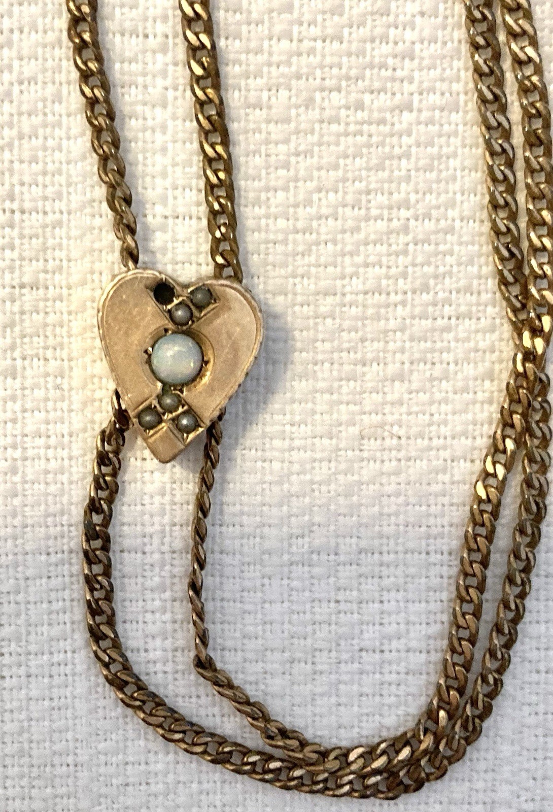 Antique Watch Chain Heart Shape Slide Opal 27” Swivel Clasp