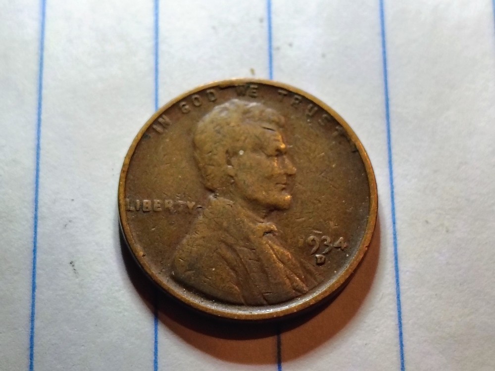 1934 D Wheat Cent Obverse Rim Cut Error