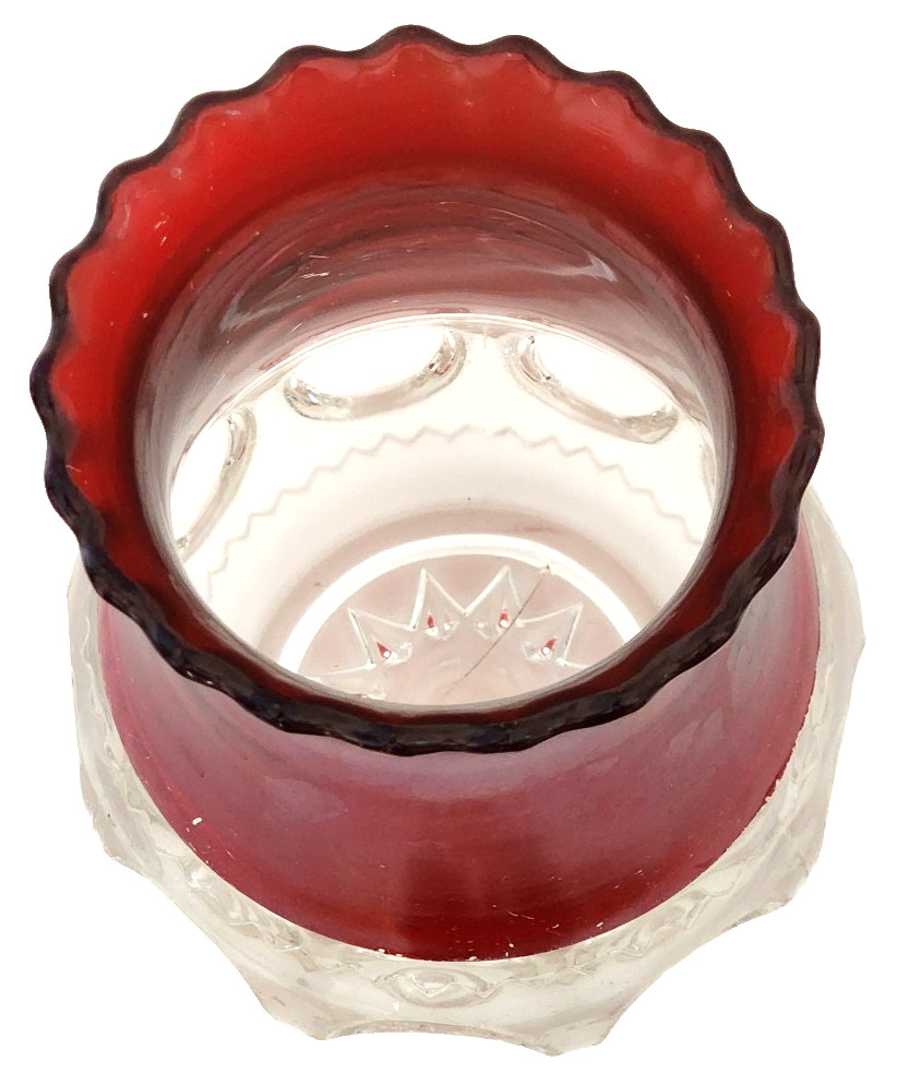 Vintage Ruby Flashed Glass Vase Clear Pressed Base Starburst 6”