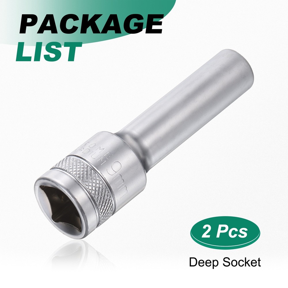 2pcs 6 Points Deep Socket 1/2" Drive 9mm Nickel Plating Hex Socket 3.1" Long