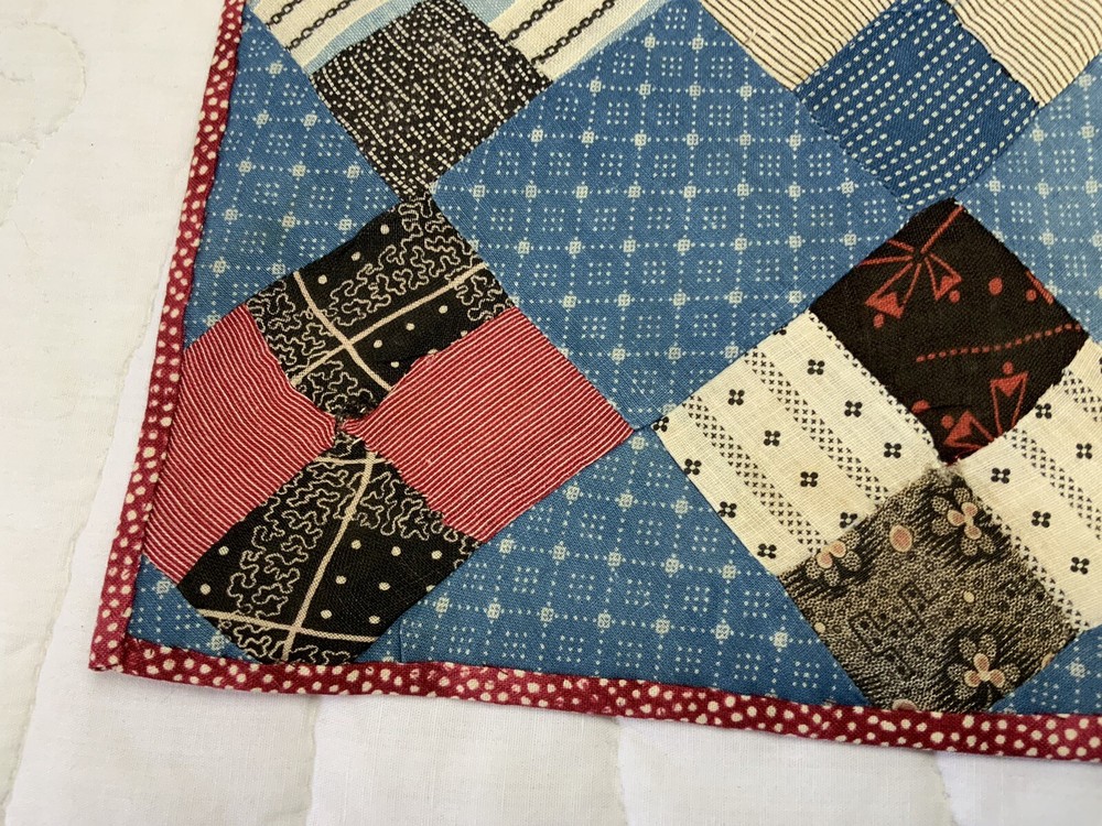 Vintage Antique Patchwork Quilt Table Topper, Four Patch, Blue, Multi