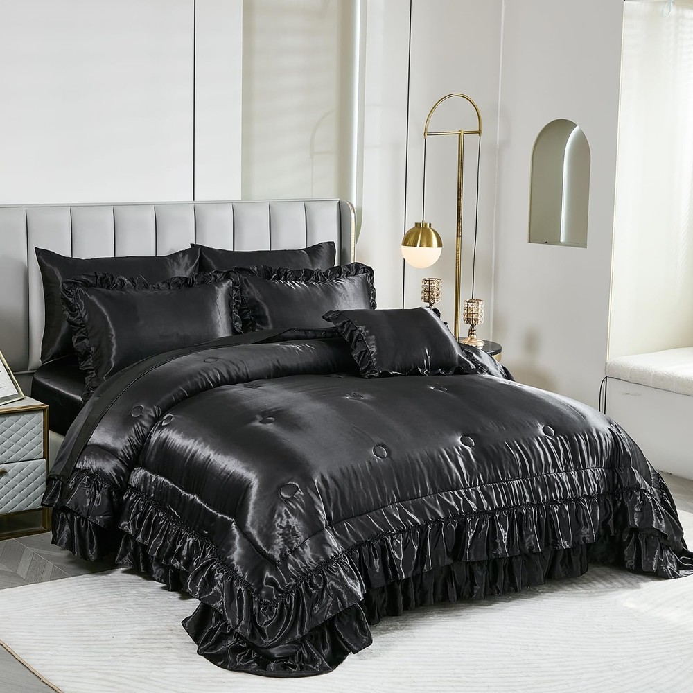 Black Satin Comforter Set,Queen Bed Set,Silk Like Queen Queen,