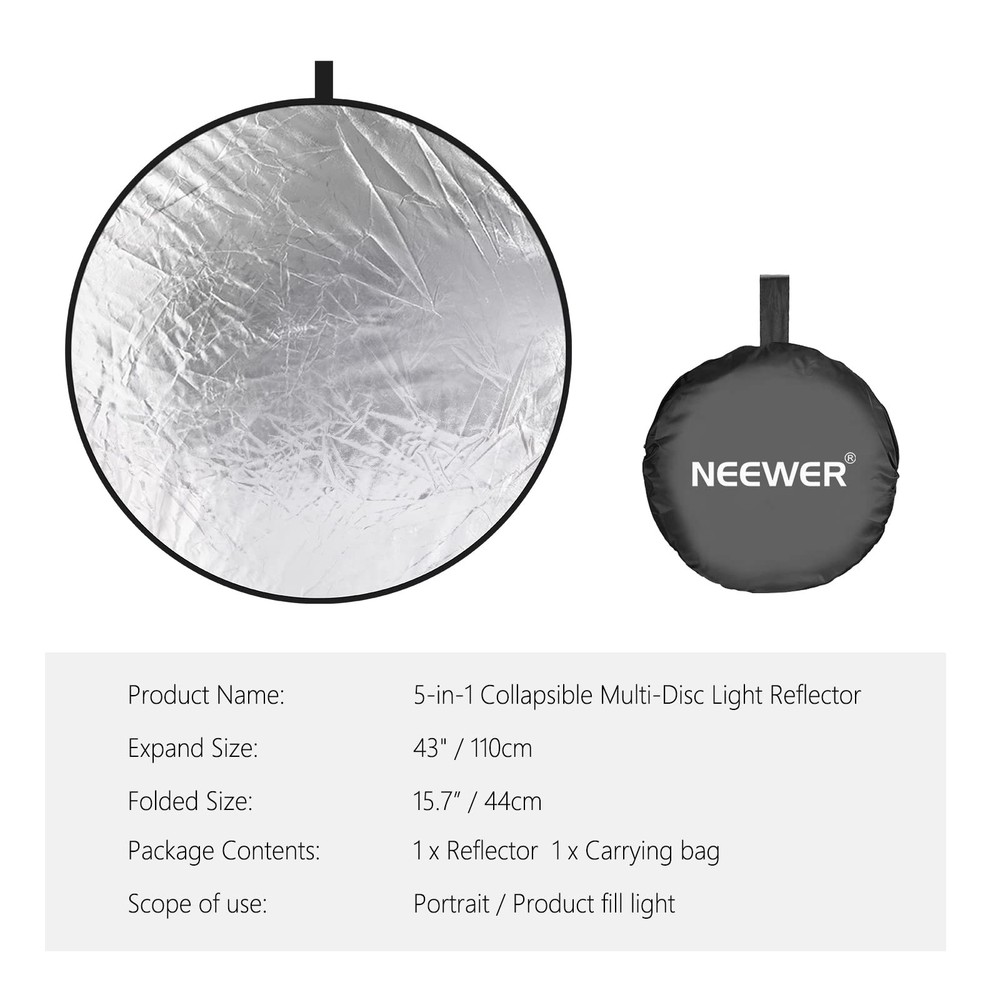 NEEWER 43" 5-in-1 Collapsible Light Reflector Diffuser Multi Disc Studio Outdoor