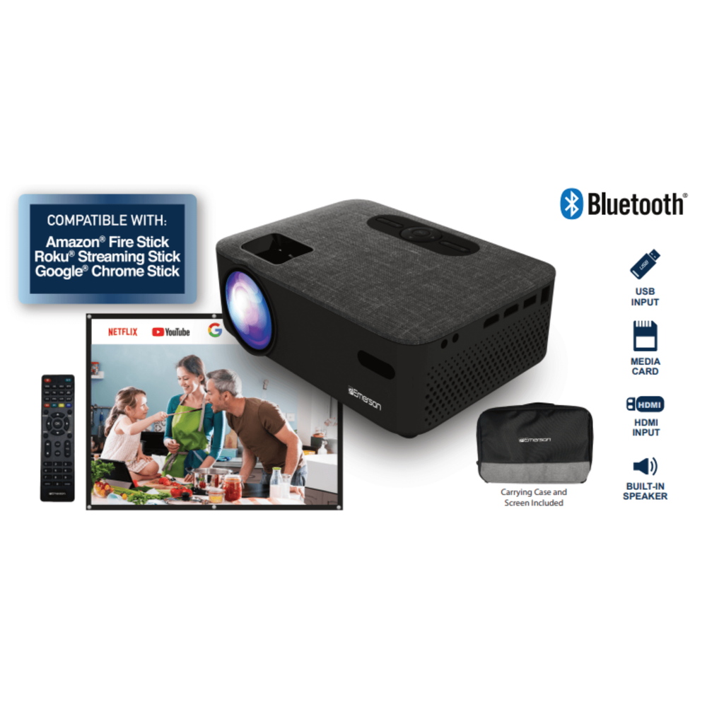 Emerson Portable Multi-Media BT LCD Projector Bundle with Screen & Carry Case