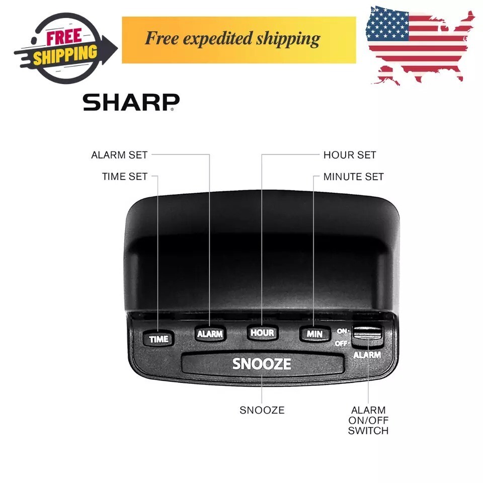 Digital Alarm Clock, SHARP, Midnight Black, Easy Controls, Red LED Display