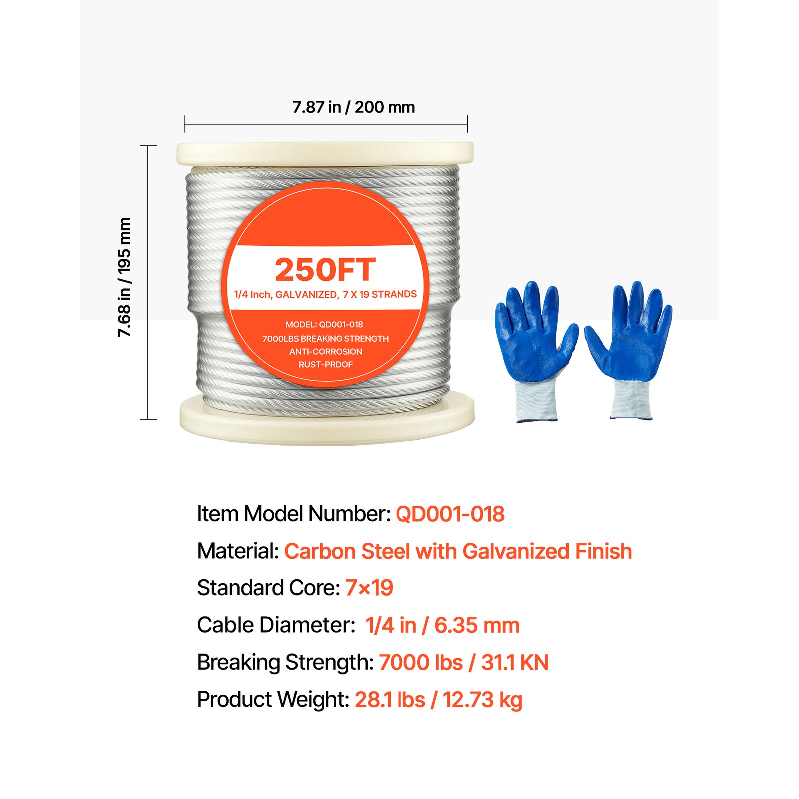 Uimoso Galvanized Carbon Steel Wire Rope 1/4 in 7x19, 250 ft Cable for Railing